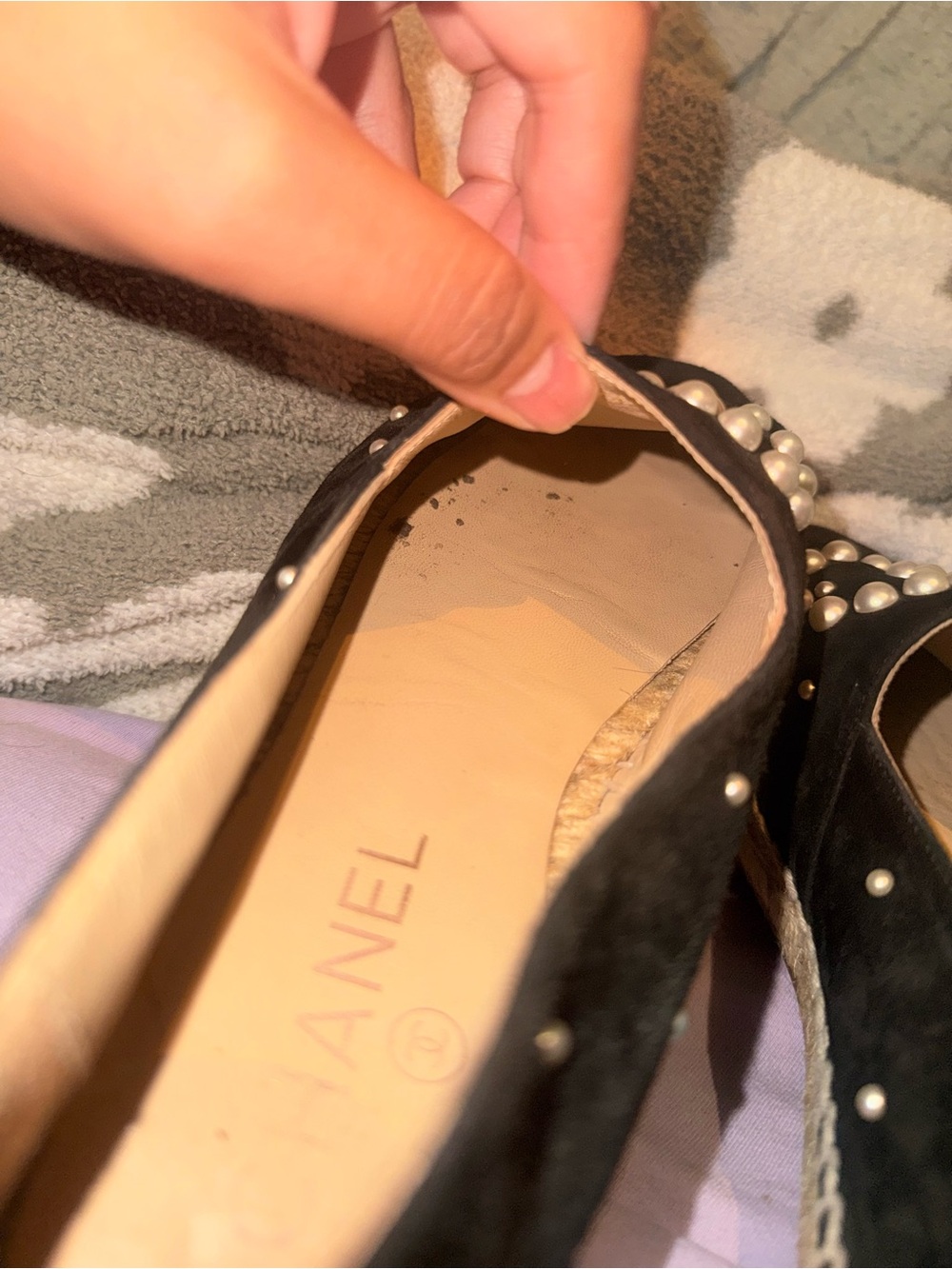 Chanel Suede Black Pearl-Embellished Women's Espadrilles - Picture 7 of 13
